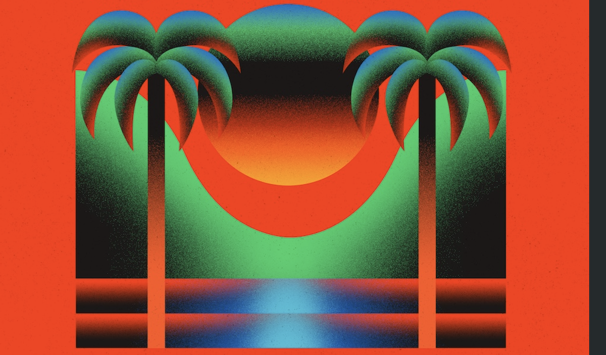 Vibrant graphic for Neon Tides featuring two stylized palm trees framed against a sun setting over water on a bright orange background.